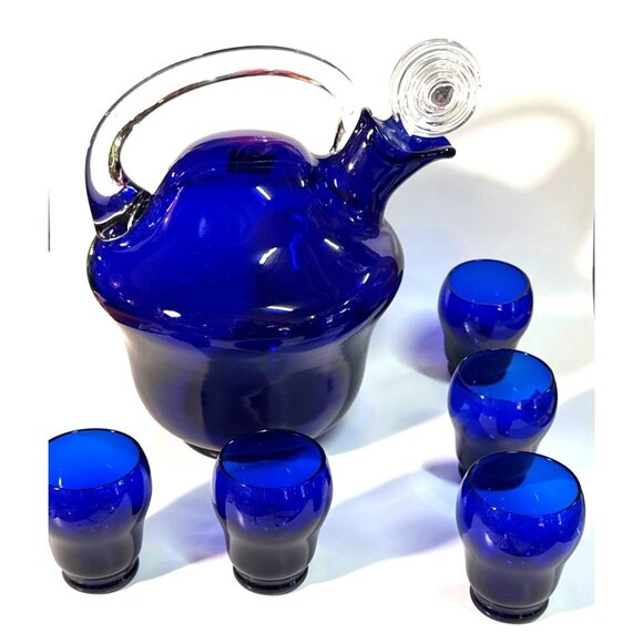 Cobalt Blue Hand-Blown Glass Pitcher & 6 Matching Cups With Swirled Clear Stoppe - Picture 1 of 16